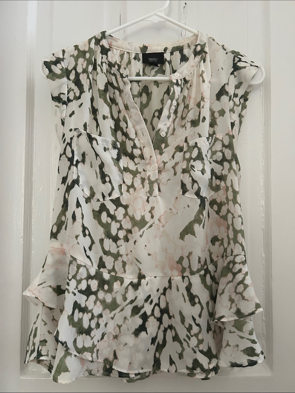 Mossimo Supply Co. White Olive & Blush Abstract Ruffle Blouse